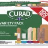 CURAD Assorted Bandages Variety Pack, 300 Count, 6 Styles Including Antibacterial, Waterproof, Sheer, Plastic, Heavy Duty & Flex-Fabric, Protects Scrapes, Cuts & Burns, Latex-Free