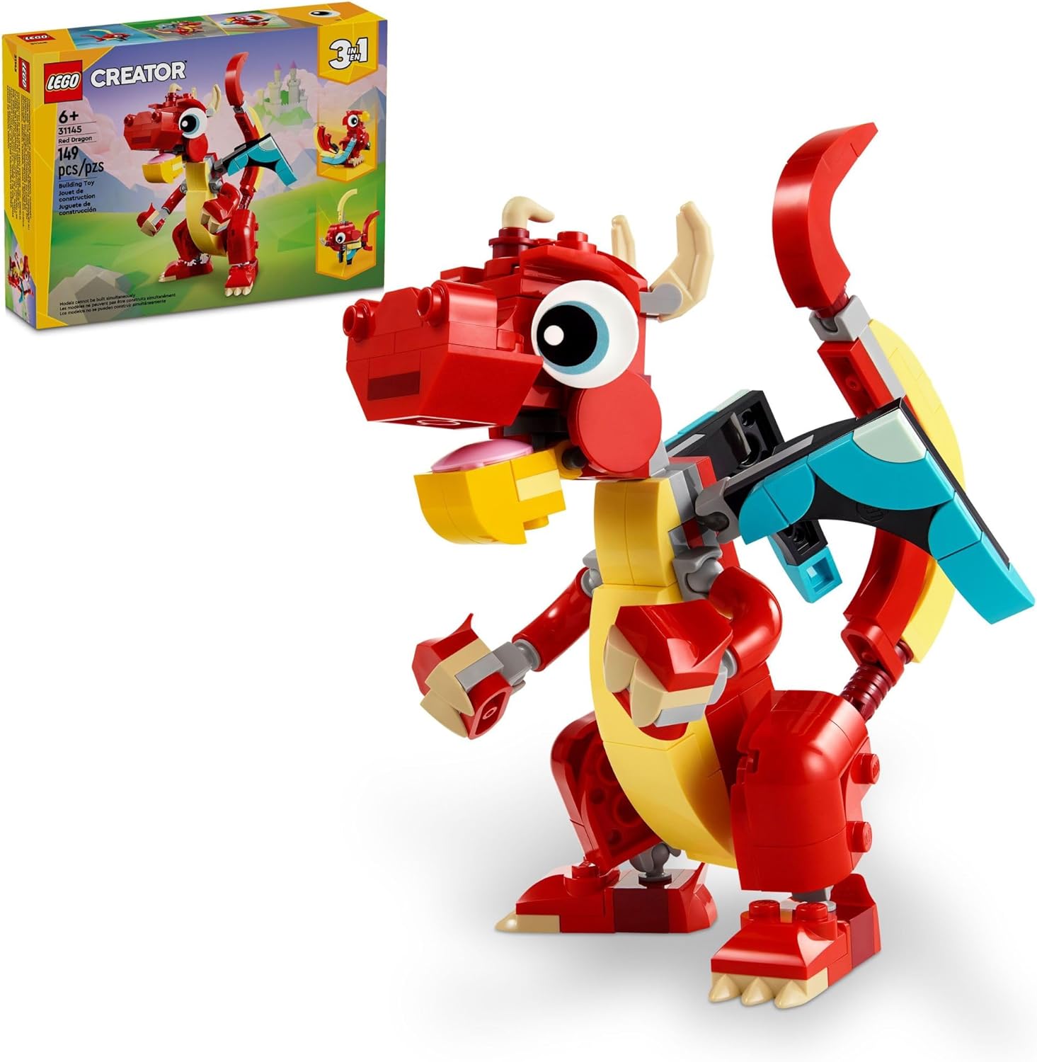 LEGO Creator 3 in 1 Red Dragon Toy, Transforms from Dragon Toy to Fish Toy to Phoenix Toy, Gift Idea for Boys and Girls and Up, Animal Toy Set for Kids
