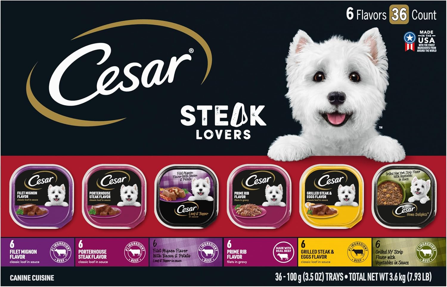 Cesar Wet Dog Food Steak Lovers Variety Pack with Real Meat,